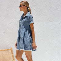 Short Sleeve Collared Denim Mini Dress