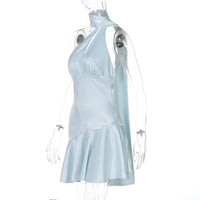 Women Clothing Spring Summer Chest Hollow Out Cutout Sexy Bare Back Halter Ribbon Satin Dress