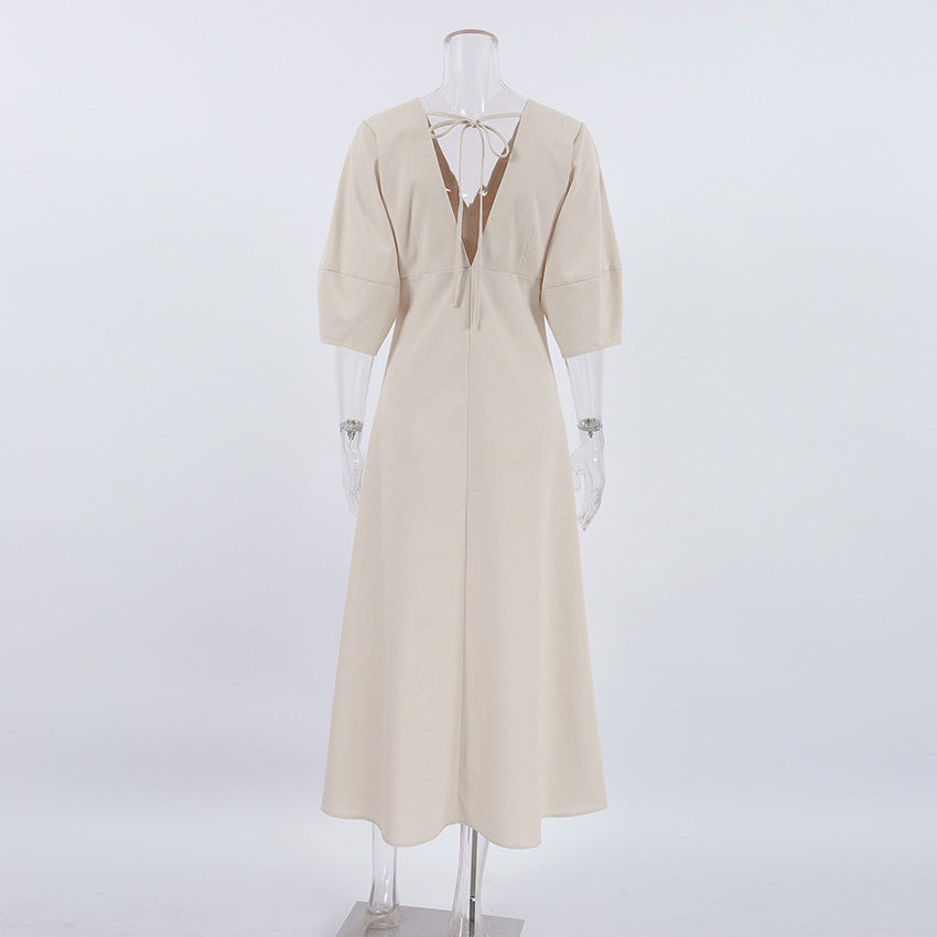 French Beige Cotton Linen Puff Sleeve Dress