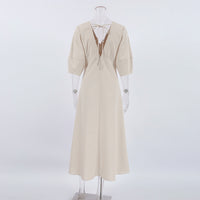 French Beige Cotton Linen Puff Sleeve Dress