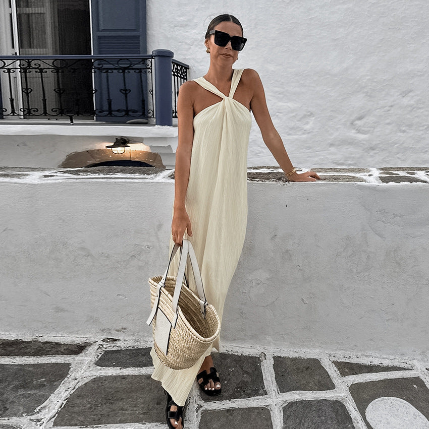 Beige Sleeveless Halter Beach Casual Dress