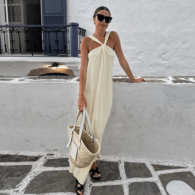 Beige Sleeveless Halter Beach Casual Dress