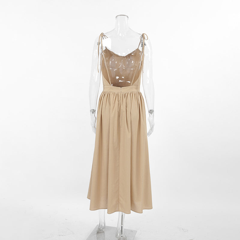 French Cotton Linen High-Waist Maxi Dress