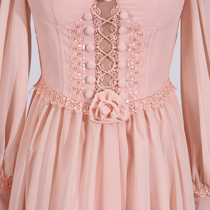 French Elegant Beautiful Dress Autumn Stitching Floral Design High Sense Dress Women