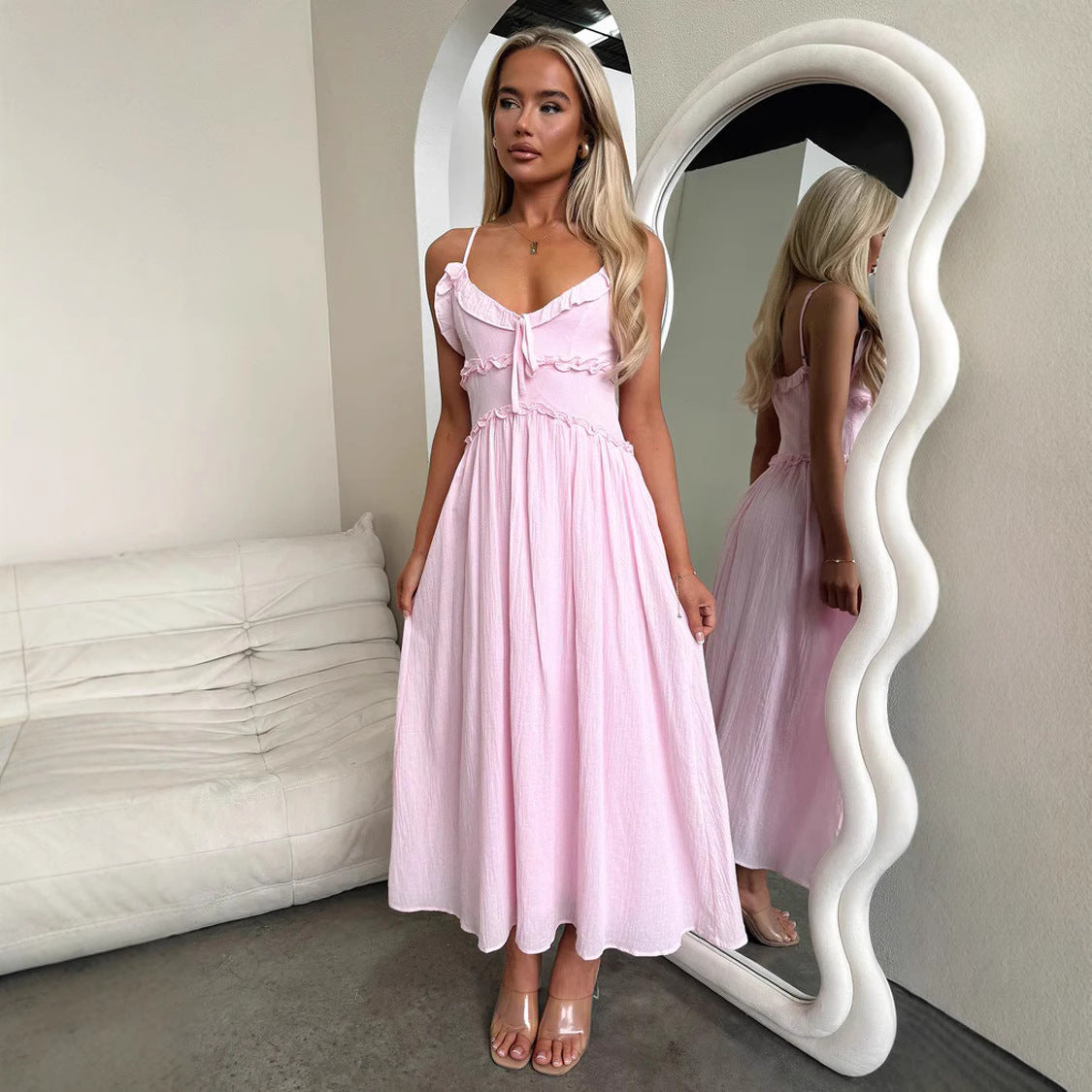 Spring Summer Suspender Ruffled Dress