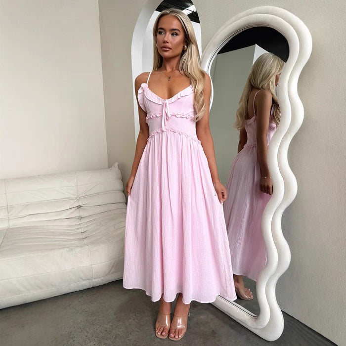 Spring Summer Suspender Ruffled Dress