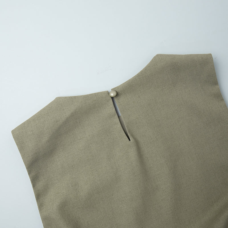 Round Neck Linen Vest &amp; Pleated Skirt Set
