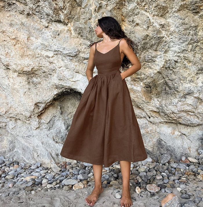 French Cotton Linen High-Waist Maxi Dress