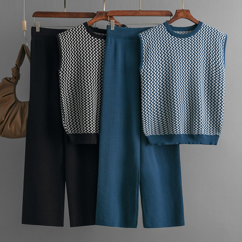 Sleeveless Striped Knit Top &amp; Wide-Leg Pants Two-Piece Set