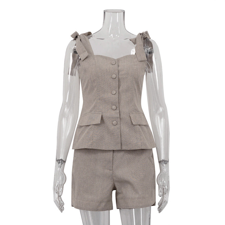 Cotton Bow Strap Top &amp; Shorts Set