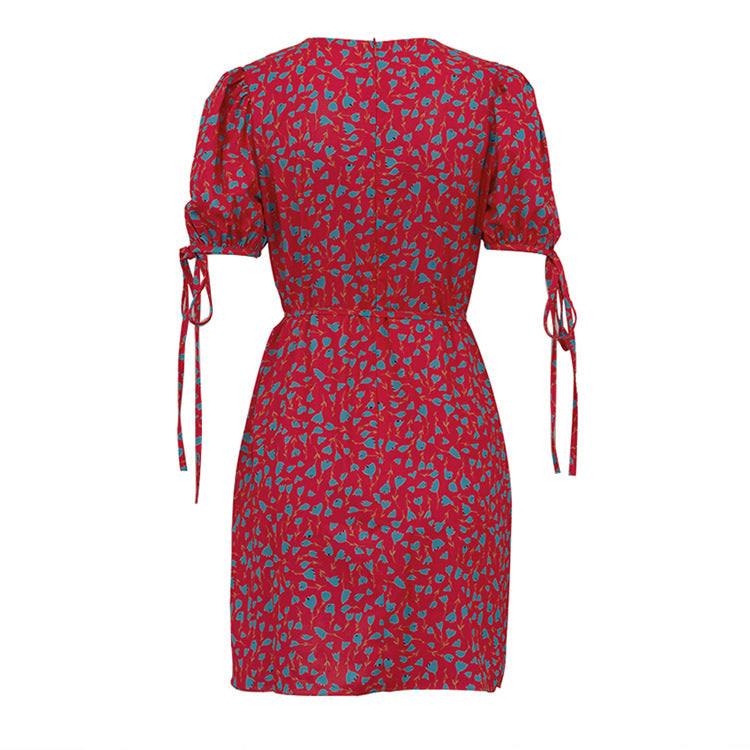 Floral Summer Round Neck Short Sleeves Lace-Up Slimming Dress