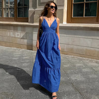 French Vacation Blue Cotton-Linen V-Neck Backless Dress