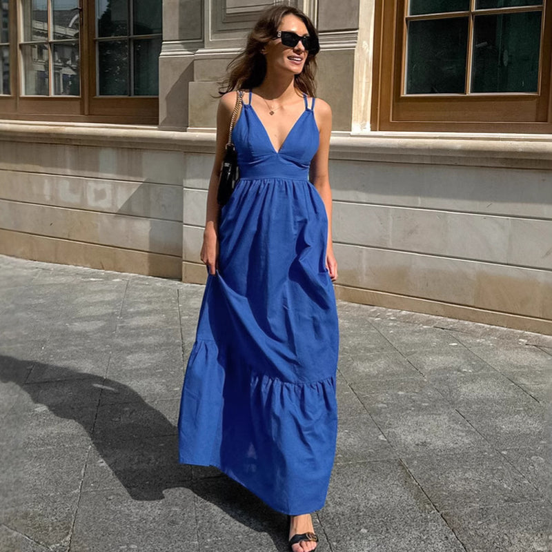 French Vacation Blue Cotton-Linen V-Neck Backless Dress