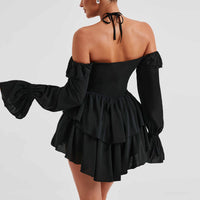 Backless Ruffled Halter Long Sleeve Romper
