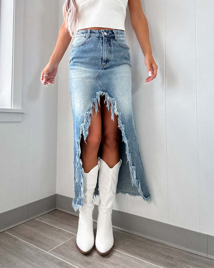 High-Waist Asymmetric Raw Hem Denim Skirt