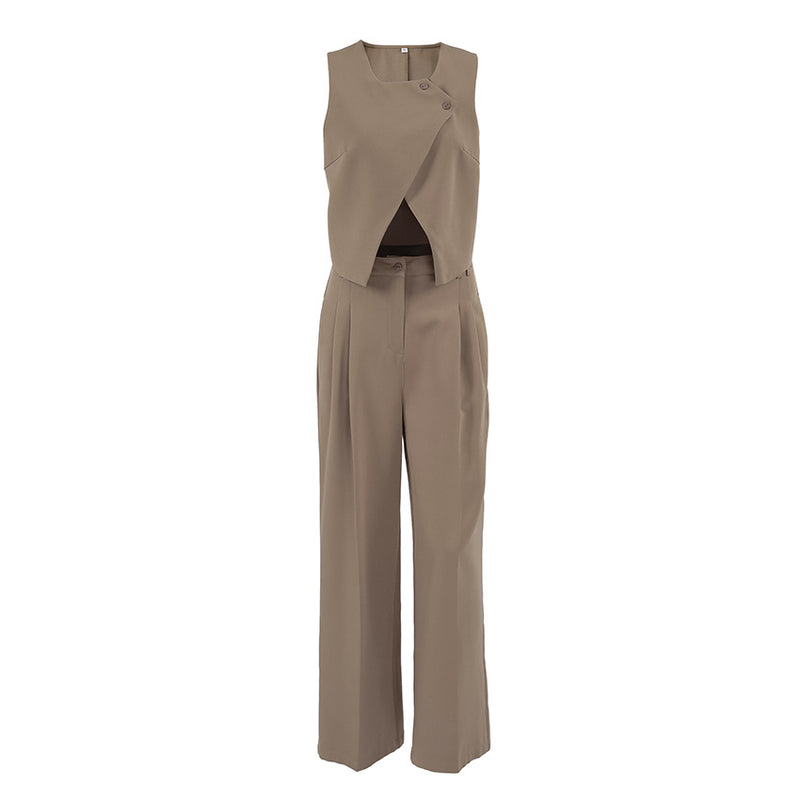 Casual Khaki Elegant Sleeveless Vest &amp; Trousers