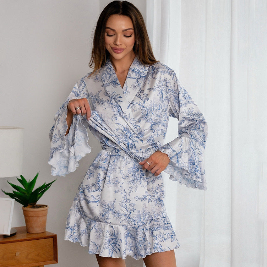 Printed Ruffles Long Sleeve Satin Bathrobe