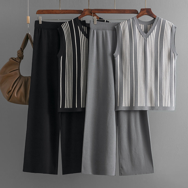 Striped V-Neck Knit Top and Pants Set
