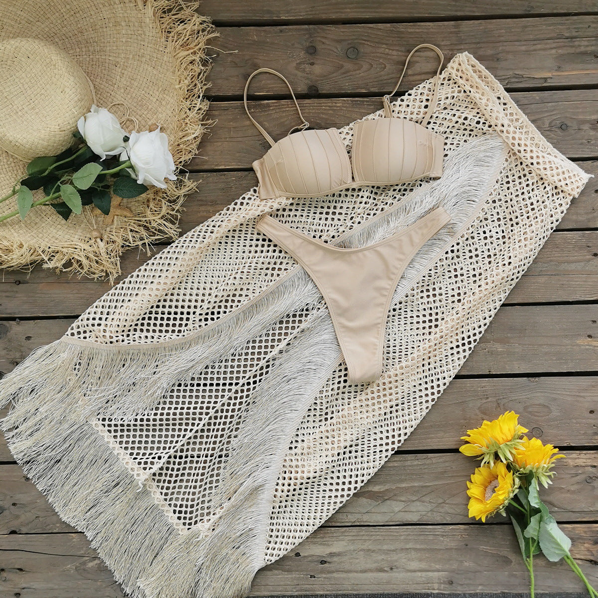 Bikini Half-Length Tulle Skirt Tassel Three-Piece Set