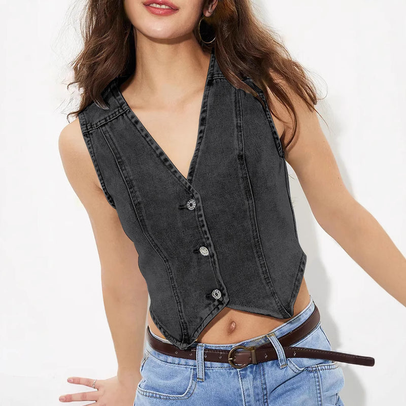 V-Neck Denim Button Vest Top