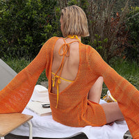 Knitted Loose Bat Sleeve Sexy Backless Beach Bikini Cutout Blouse Dress Women Crochet hook