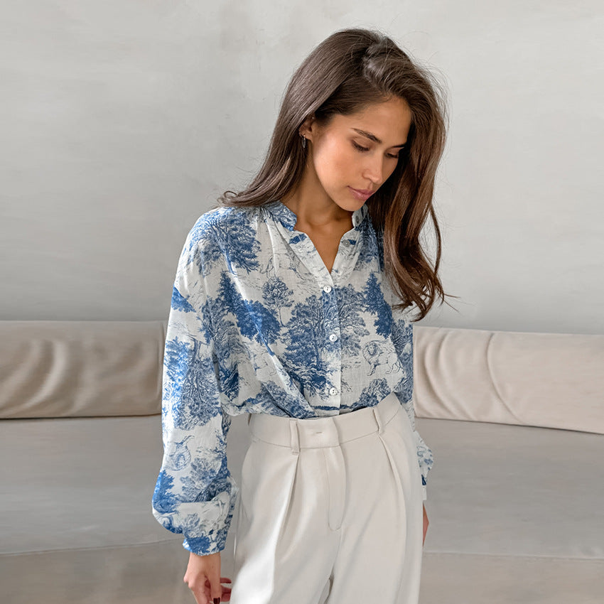 Autumn Stand Collar Long Sleeve Loose Shirt