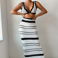 Striped Texture Vacation Casual Sexy Beach Bikini Skirt Two-Piece Set