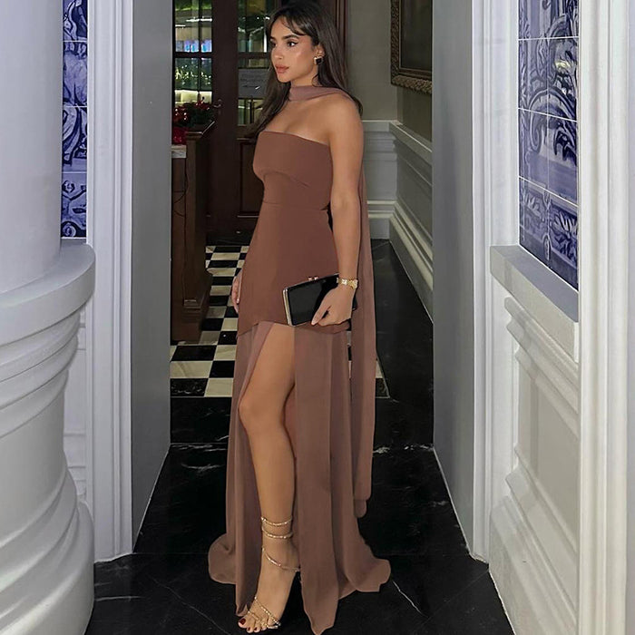 Women Spring Clothing Sexy Slim Fit Backless Mesh Stitching Tube Top Dress Scarf Collar