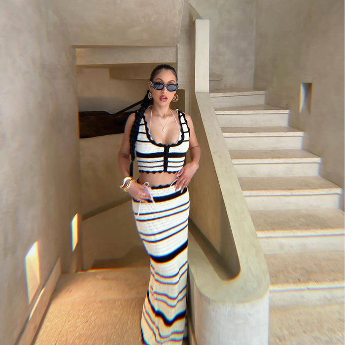Striped Casual Vest Top and Skirt Set