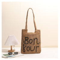 Letter Graphic Embroidered One-Shoulder Straw Bag