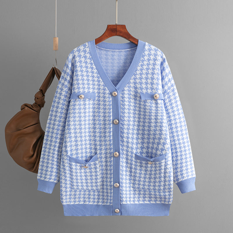Houndstooth V-Neck Knitted Cardigan