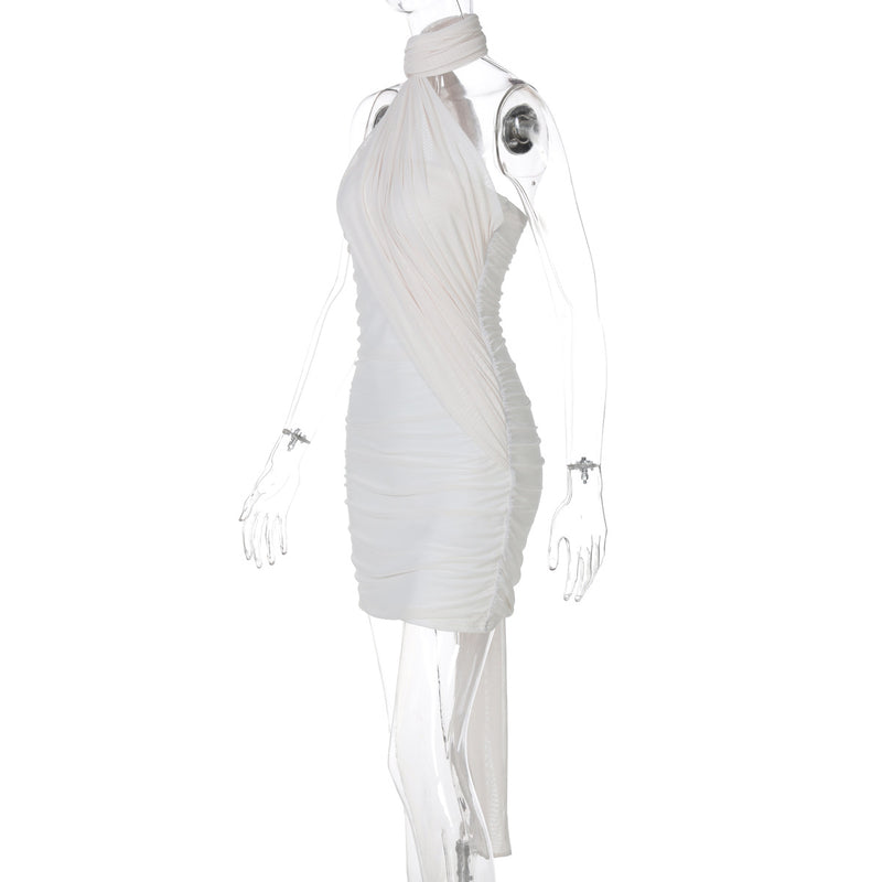 Mesh Stitching Ribbon Halter Hip Dress