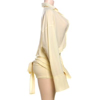 Spring Women Elegant Sexy Collared Slim Fit Sheath Lace up Shirt Dress Short Dress Women