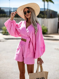 Cotton-Linen Pleated Lace-Up Two-Piece Set