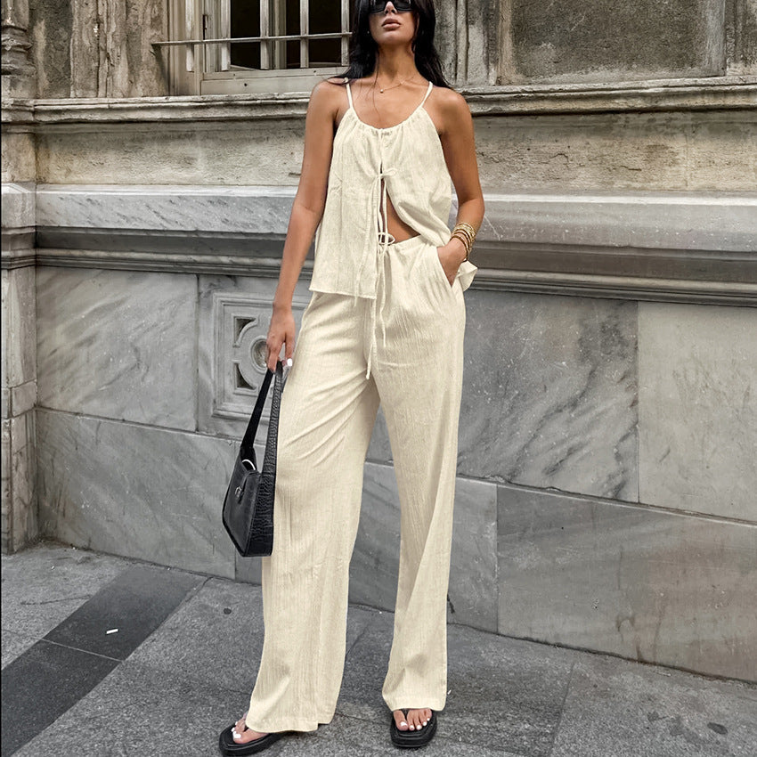 Spring Summer Casual Lace-Up V-Neck Outfit Set