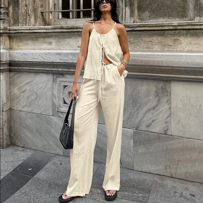 Spring Summer Casual Lace-Up V-Neck Outfit Set