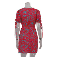 Floral Summer Round Neck Short Sleeves Lace-Up Slimming Dress