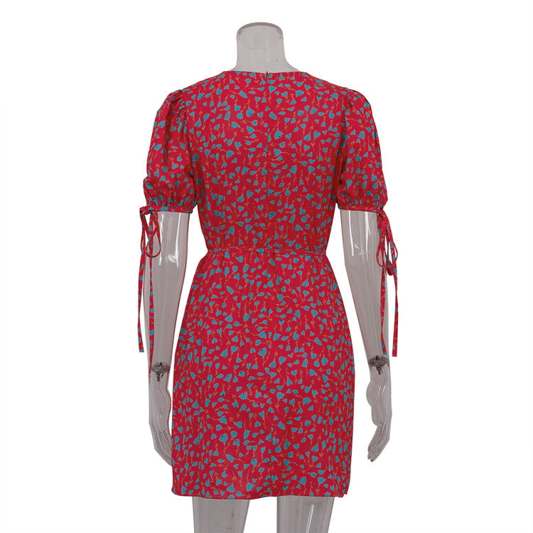 Floral Summer Round Neck Short Sleeves Lace-Up Slimming Dress