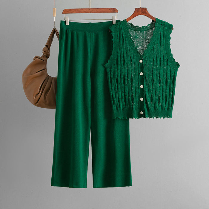 Knit Vest, Cardigan &amp; Pants Three-Piece Set