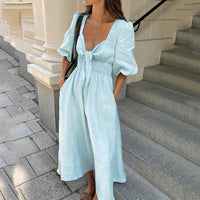 Light Blue Cotton-Linen V-Neck Puff Sleeve Dress
