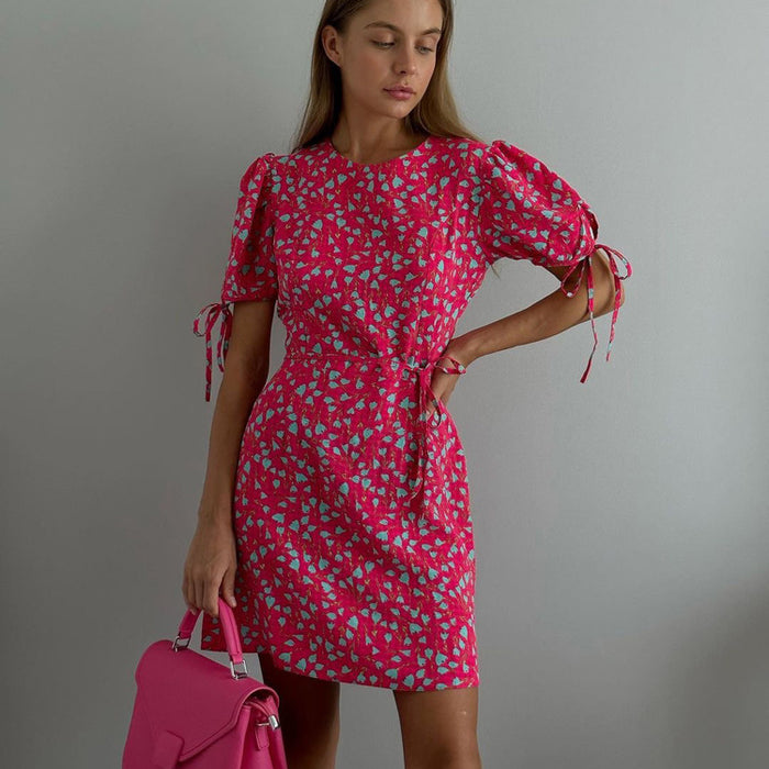 Floral Summer Round Neck Short Sleeves Lace-Up Slimming Dress