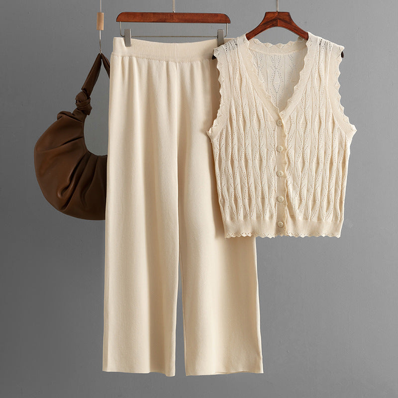 Knit Vest, Cardigan &amp; Pants Three-Piece Set