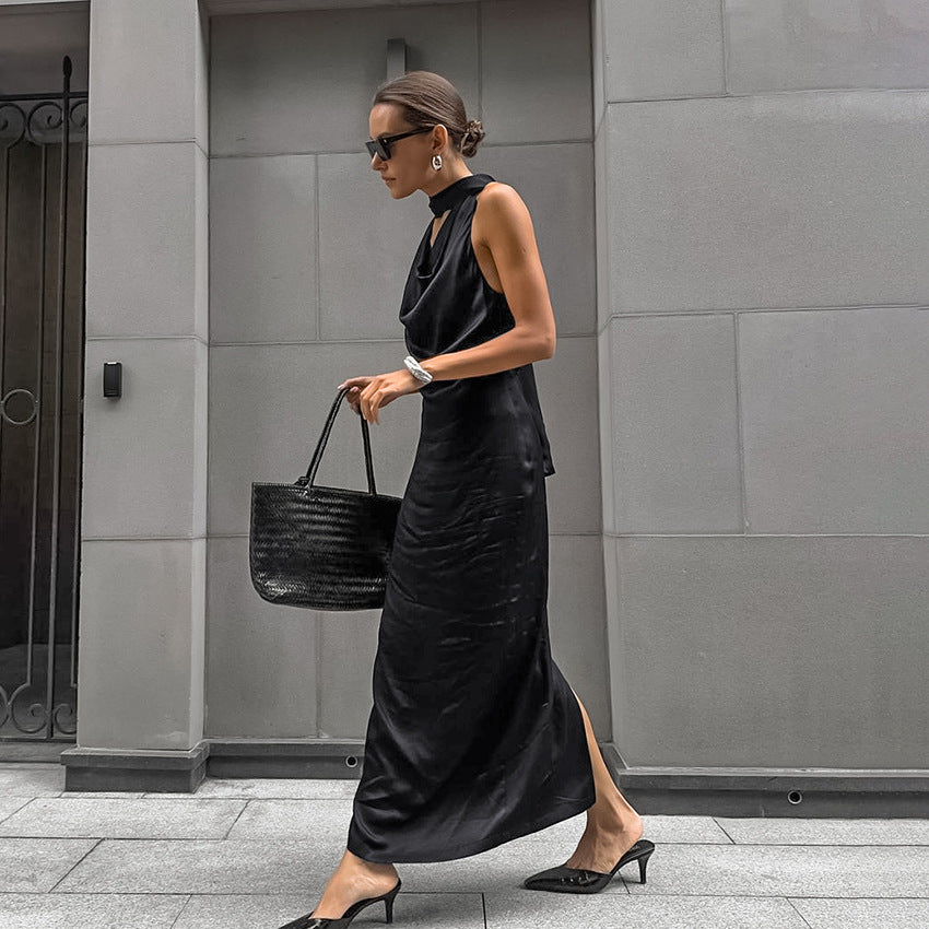 Black Matte Satin Off-Shoulder Midi Dress