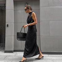 Black Matte Satin Off-Shoulder Midi Dress
