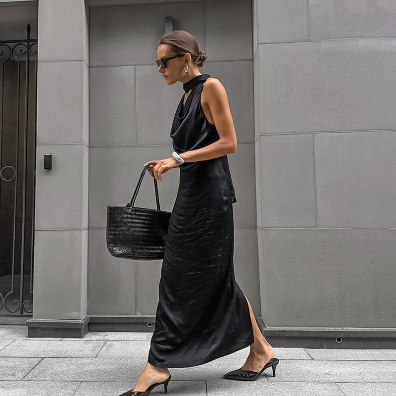 Black Matte Satin Off-Shoulder Midi Dress