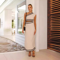 Elegant Diagonal Collar Lace Stitching Maxi Dress