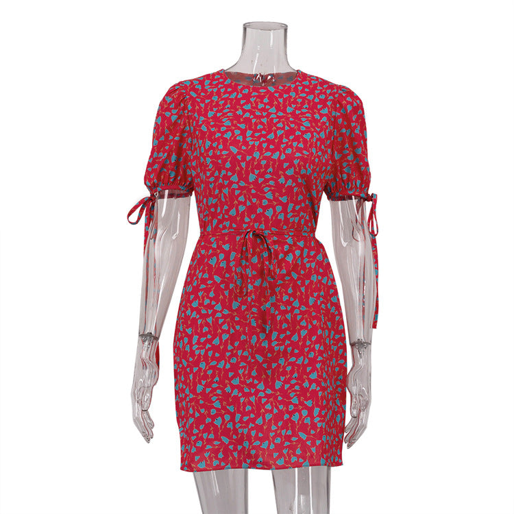 Floral Summer Round Neck Short Sleeves Lace-Up Slimming Dress