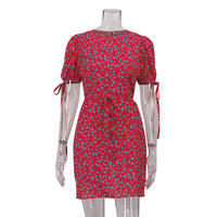Floral Summer Round Neck Short Sleeves Lace-Up Slimming Dress