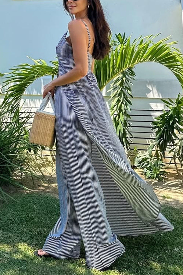 Striped Spaghetti Strap Top &amp; Wide Leg Pants Set