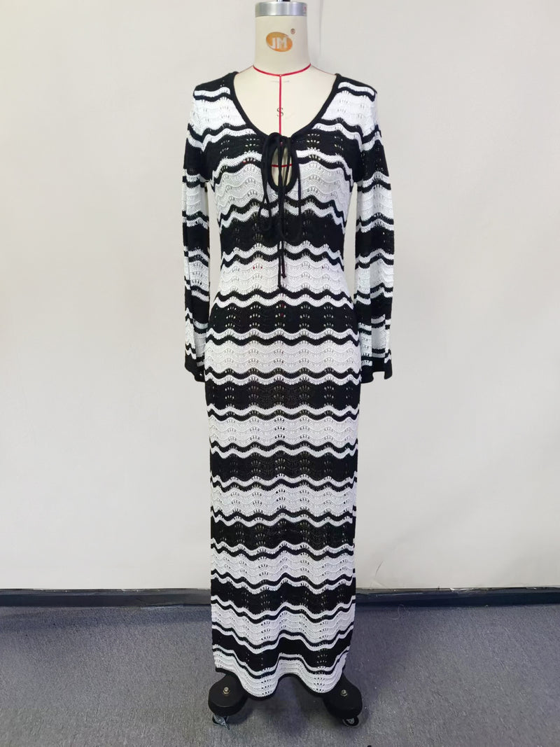 Striped Knitted Hollow-Out Beach Dress